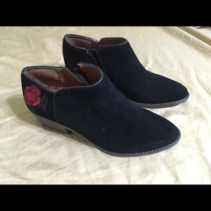 Lucky Brand Embroidered Rose Suede Booties